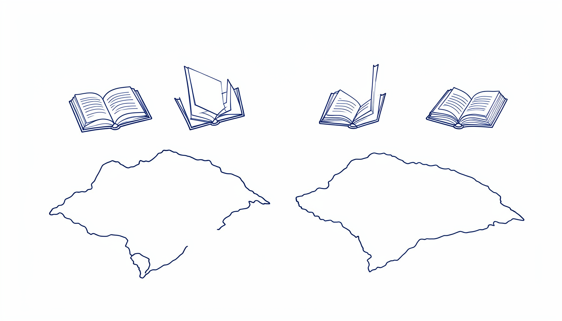 Simple line drawing of four island silhouettes with open Bibles floating above each, in navy blue on pale blue